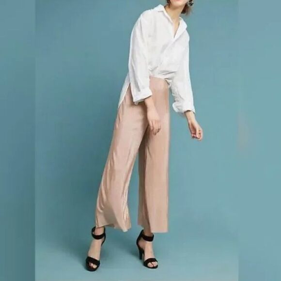 Anthropologie Postmark Ocala Ribbed Metallic Blush Pink Crop Pants Size Small - Picture 1 of 6